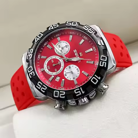 SWISH Waterproof Red Chronograph Watch for Male Sport Wristwatch Military Clock 24 Hours Rubber Stra