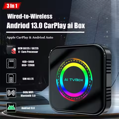 New Android 13 CarPlay Ai Box LED 8-Core 64G 128G Android Auto & Apple CarPlay 3In1 Car Smart Adapte