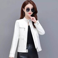 Jaket kulit wanita leather jacket wanita Korea Casual Putih & merah