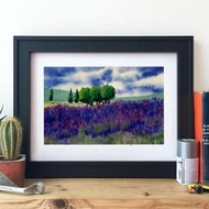 Original Watercolor Lavender Landscape Flower Field Art Trees Painting