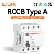 ETEK Type A RCD RCCB Electromechanic Residual Current Circuit Breaker 30ma 2 Pole10KA 3P+N 4P 40A DC