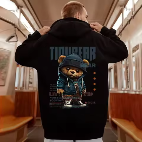 M-8XL American Style Street Cool Brown Bear Print Oversized Hoodie Loose Hoodie Student's Large Soft