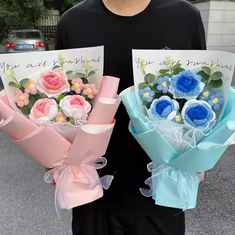 Finished Rose Flowers Bouquet Hand Woven Flowers Creative Birthday Valentine's Gift Wedding Artifici