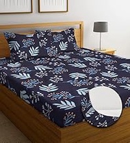 KAWI Cotton Feel 200TC Double Bedsheet Queen Size 78x60 Inches with Elastic Fitting with 2 Pillow Co