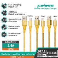 feless สายชาร์จเร็วสีเหลือง แบบMirco、Type-c、Lightning เหมาะกับ iPhone OPPO VIVO HUAWEI SAUNG XIAOMI และอุปกรณ์อิเล็กทรอนิกส์ประเภทต่าง ๆ ของแท้ 100%