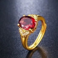 9JXP 24K gold garnet AU999 pure gold ring natural red crystal inlaid open adjustable ring female