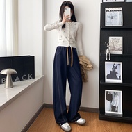 【Ready Stock】 Dark Blue Bright Line Machete High Waist Slimming Wide Leg Pants Women's 2025 Autumn H