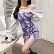Ka5 Year Puff Sleeve Dress with Square Collar and Plaid Design - Small Split Skirt for Women