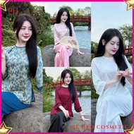 Set Đồ Bộ Đồ lam Đi Chùa Áo Tay Lỡ Viền Bèo Cổ Tròn Đính Nút Xẻ Tà Phối Quần Đài Ống Rộng Siêu Sang