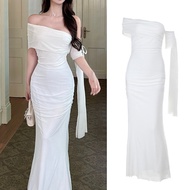 French Off-Shoulder Dinner Dress Elegant White Ruched Mesh Ribbon Fishtail Long Dresses for Women