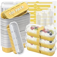 Ruckae 100 Pack Mini Loaf Pans with Lids and Spoons Disposable Aluminum Tin Foil Pans Rectangle Mini