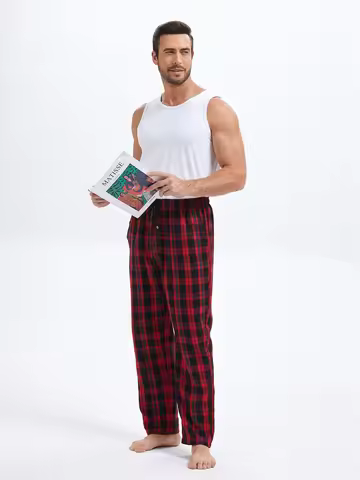 Summer Men's 100% Cotton Plaid Pajama Sleeping Pants, Breathable Long Pajama Pants with Elastic Wais