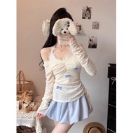 Gaeul store- lace mesh shirt with halter neck and off-the-shoulder blue bow