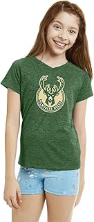 Outerstuff Milwaukee Bucks Youth Girls 7-16 Primary Team Logo Triblend Heathered V-Neck T-Shirt
