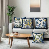 4pcs Blue & White Lemon Flower Bird Print Peach Velvet Pillow Covers, 100% Polyester, Living Room So