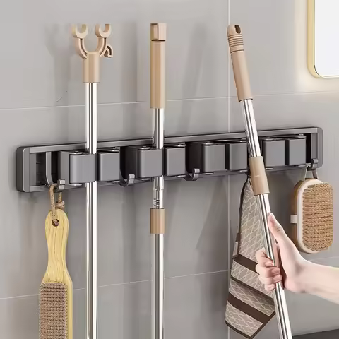 Mop and Broom Organizer Mop Holder Rack Holder Wall Mounted Strong Broom Holder Self With 5 Hooks Or