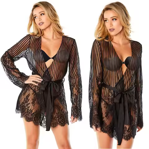 Lace Gown Long Sleeve Dress Lingerie Fantasy Pajama G-String Pant Erotic Night Underwear Cosplay Wom