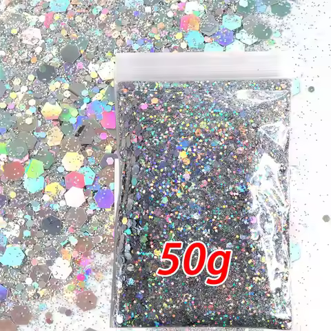 50g/bag Holographic Silver Chunky Glitter Sequins 0.2/1/2.5 Ultra-Thin Mixed Hexagon Nail Flakes Fac