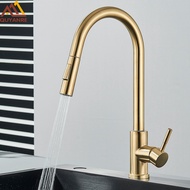 Quyanre Brushed Gold Kitchen Faucet Pull Out Kitchen Sink Water Tap Single Handle Mixer Tap 360 Ro