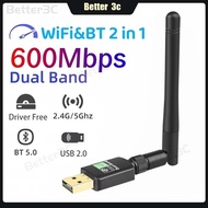 2 in 1 Bluetooth 5.0 Dongle 600Mbps WiFi Adapter WiFi Receiver Dual Band 2.4G/5G USB2.0 High-Speed W