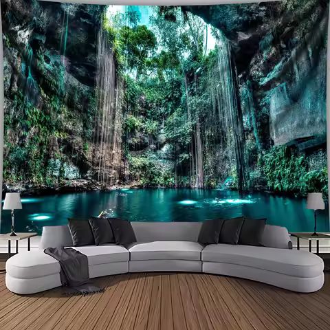 Majestic Cave Lagoon Tapestry - Crystal Clear Underground Lake with Stalactites & Lush Greenery Wall