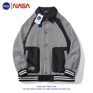 NASA co-branded houndstooth patchwork เสื้อแจ็คเก็ตผู้ชายอเนกประสงค์เสื้อชุดเบสบอลนักเรียนคู่เสื้อชุดเบสบอลแจ็คเก็ต 7003- Dark grey L