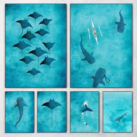 Blue Watercolor Ocean Marine Organism Whale Shark Manta Rays Poster Sea Beach Surf Canvas Painting W