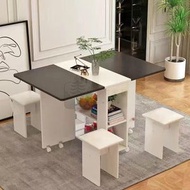 包送貨 -家用折疊餐桌 可移動伸縮餐桌 簡易小戶型多功能桌椅 多功能折疊茶機 變大餐桌 兩用摺疊桌子餐桌 長方形軟包（白體+黑） 長120寬60高77陞級加厚白輪