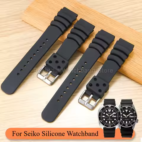 20 22mm Black for Seiko 5 Mini Turtle Silicone Watch Strap Stainless Buckle Special Interface Low Ma