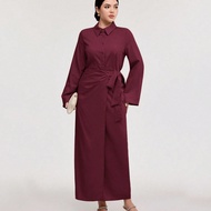 Burgundy Red 2pcs Women's Casual Button-Up Shirt And A-Line Skirt Set, Autumn 2 Piece Set