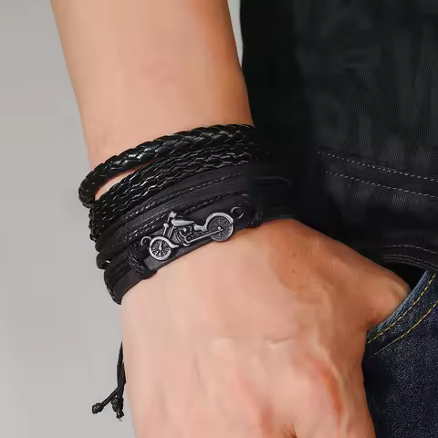 Punk rock black leather motorcycle bracelet for men
