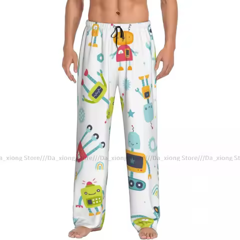 Men's Sleepwear Loose Sleep Pants Pajamas Cute Diverse Colorful Robots Long Lounge Bottoms Casual Ho