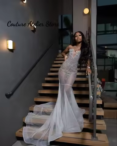 Customized Sparkly Silver Mermaid Prom Dress Rhinestone Blackgirls Prom Court Beaded See Thru Evenin