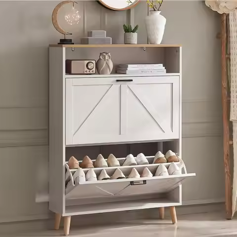 Freestanding Farmhouse Style Shoe Storage Cabinet with Flip Drawers and Door