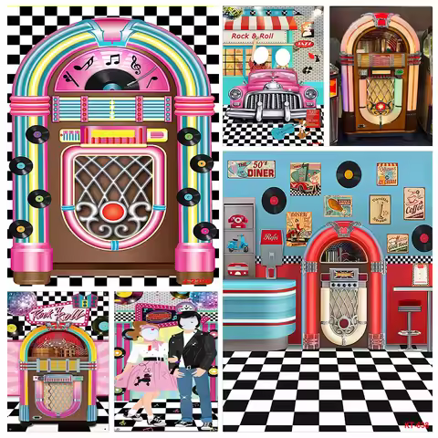 Photography Backdrop Juke Box Cutout Rock 'n Roll Door Cover for 1950's Theme Birthday Mystery Party