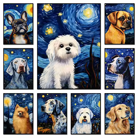 Starry Night Animal Diamond Painting Puggle Dog Starry Night Poster Wall Art Pet Dog Poster Prints B