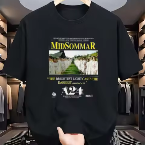 Men'S Midsommar Graphic T-Shirt A24 Horror Movie Design Black Tee Scenic Waterfall Illustration Casu
