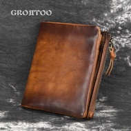 GROJITOO Cowhide double zipper men's purse genuine leather wallet for men head cowhide men's purse casual Wallet