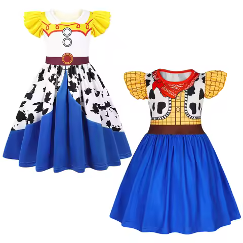 New Western-Style Dress Cartoon Movie Cosplay Dress Milk Silk 3D Digital Print Ruffled Puff Sleeves 