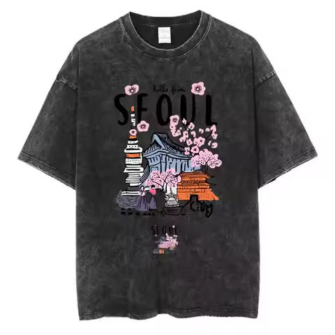 Seoul South Korea City Graphic T Shirt Women Pure Cotton Cherry Blossom Hanbok Palace Print Tee Summ