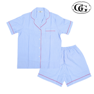 G&G ชุดนอน เสื้อแขนสั้นคอปก กางเกงขาสั้น ผ้าโพลีเอสเตอร์ EN1P010 สีฟ้า (BU)