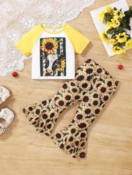 SHEIN Conjunto Veraniego Para Bebé Niña Con Estampado De Girasol, Compuesto De Camiseta De Manga Corta Con Hombros Caídos Y Pantalones Acampanados En Contraste De Color.