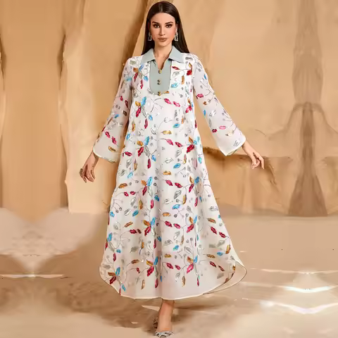 Summer Muslim New Fashion Women's White Casual Trendy Daily Basic Simple Traditional Long Sleeve Emb