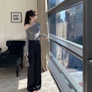 ชุดสองชิ้น สไตล์ OOTD เสื้อยืดแขนยาวคอเอียงสีเทา กางเกงขายาวขาหลวมเอวสูง