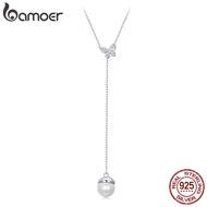 BAMOER 925เงินสเตอร์ลิงแท้สร้อยคอมุกผีเสื้อสำหรับผู้หญิงสร้อยคอสีขาวชุบทองสง่างาม BSN415เครื่องประดั