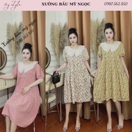 Luxurious maternity dress with lace little flowers pattern and puffy sleeves freeesize 45-68kg