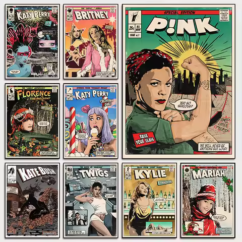 Classic Pop Singer Britney P!nk Katy Retro Comic Style Album Covers Aesthetic Poster Canvas Painting
