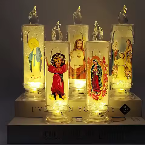 Flameless LED Prayer Candle with Jesus & Virgin Mary - Decorative Religious Night Light for Home Alt