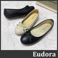 [Eudora] Black Shoes Bow Leather Doll Peas Bag Work Flat Loafers Interview