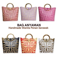 Multicolour Bag Anyaman Tradisional / Rotan Handle Tote Bag Women / Tangkai Buluh PVC Bakul Anyaman 